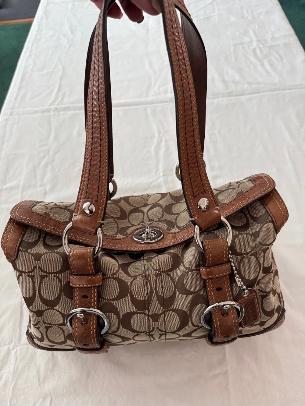 Coach Brown Signature Canvas Shoulder Bag with Tan Leather Trim